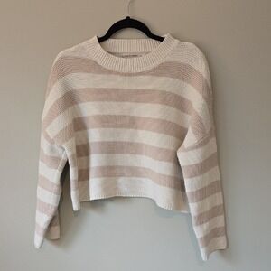 Moon & Madison Striped Knit Sweater Cream Tan Cropped Crewneck Pullover Large